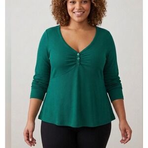Torrid Green Long Sleeve Waffle Knit Top Plus Size XL Henley V Neck Blouse